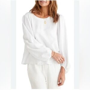 Brave+True Blouse White Womens Large Linen Blend Balloon Sleeve Keyhole Back
